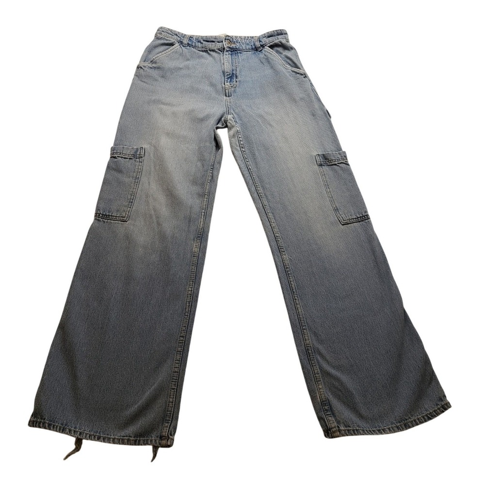 HM Women's Light Wash High Waisted Wide Leg Cargo Jeans Light Blue Size 10